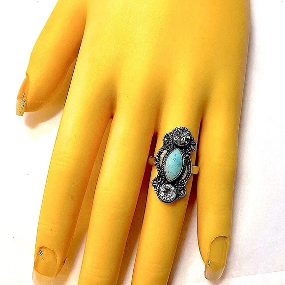 STERLING SILVER RING LARIMAR 2 AQUAMARINE STONES 6 1/2 STAMP .925 1 1/2” VINTAGE - Picture 4 of 4